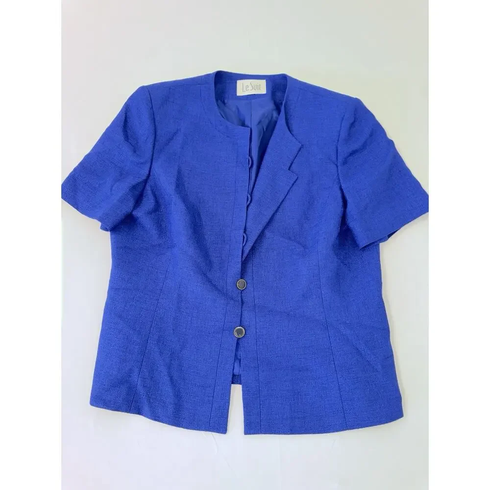 Le Suit Women’s Medium Blue 2 Piece Skirt Suit Short Sleeve Blazer Career
